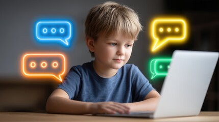 Young Child Engaging with Laptop and Colorful Speech Bubbles