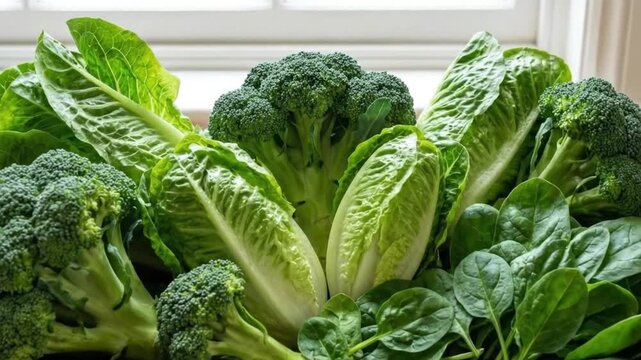 A vibrant assortment of fresh, leafy green vegetables, including crisp broccoli florets, robust romaine lettuce, and tender spinach leaves, are beautifully arranged within a rustic wooden crate. The c
