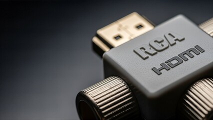 Macro view of a gray RCA to HDMI adapter plug.