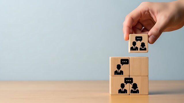 Hand placing wooden block with people talking icon on stacked blocks communication discussion