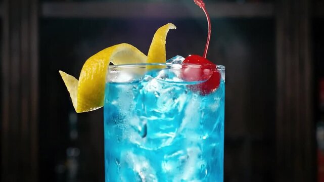 A vibrant blue beverage, richly chilled with numerous ice cubes, is elegantly presented in a tall glass. The refreshing drink is adorned with a decorative spiral of lemon peel and a glistening red che