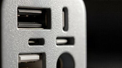 Close up of various USB ports on a silver power bank.