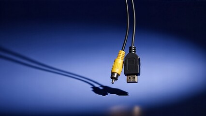 Hanging RCA and S Video cables against a blue background.