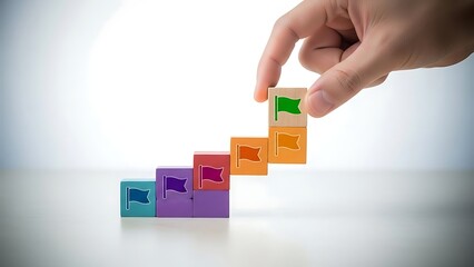 Hand stacking colorful wooden blocks with flags forming a staircase human hand