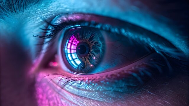 Futuristic human eye with digital interface and neon technology concept - Powered by Adobe