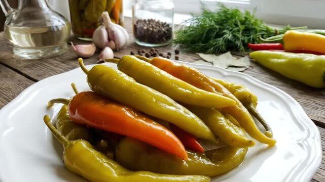 A vibrant close-up captures a pristine white plate abundantly filled with an assortment of colorful pickled peppers, showcasing their glossy texture and inviting hues of green, yellow, and orange. In 