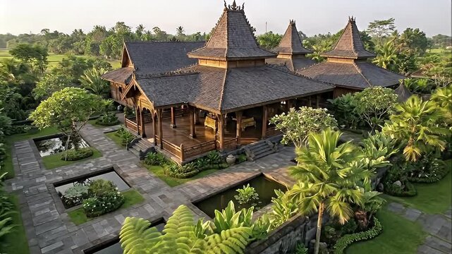 Traditional Indonesian wooden building with tiered roofs surrounded by lush tropical gardens and reflective water features.