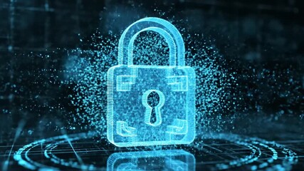 A glowing blue padlock with a keyhole, surrounded by digital elements and binary code on a dark background - Powered by Adobe