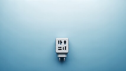 Universal international travel power adapter on a blue background.