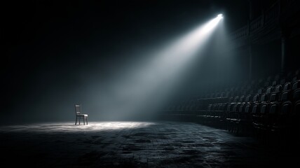A single chair illuminated by a spotlight on an empty theater stage.