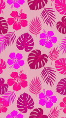 Fototapeta premium Tropical hibiscus flowers and monstera palm leaves seamless pattern in vibrant pink and magenta