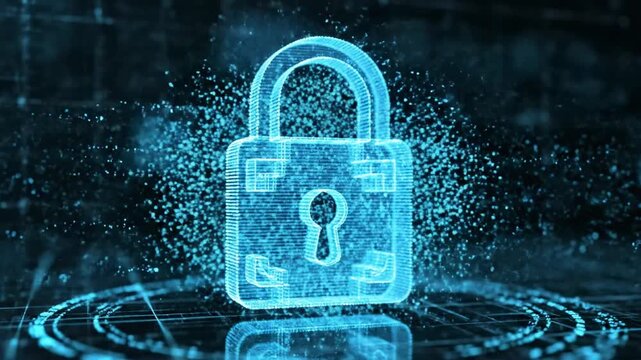A glowing blue padlock with a keyhole, surrounded by digital elements and binary code on a dark background
