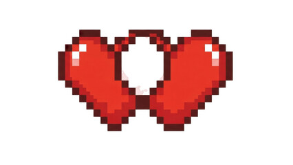 Two pixelated red hearts connected, resembling a retro video game graphic or linked symbol of love and affection.