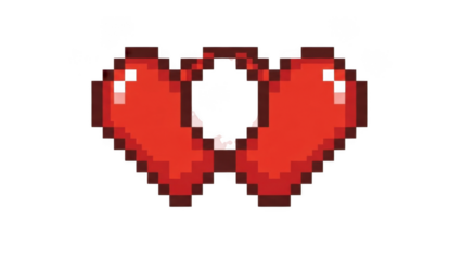 Two pixelated red hearts connected, resembling a retro video game graphic or linked symbol of love and affection.