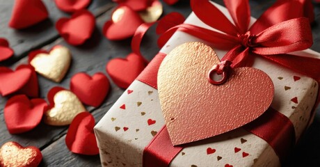 Gift box surrounded by hearts. Red ribbon adorns package. Romantic scene suggests celebration, love, affection. Festive presentation.