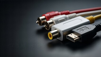 Various audio video cables including HDMI and RCA connectors on a dark background.