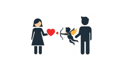Stylized illustration of a woman holding a heart, a cupid shooting an arrow, and a man, symbolizing love and romance.