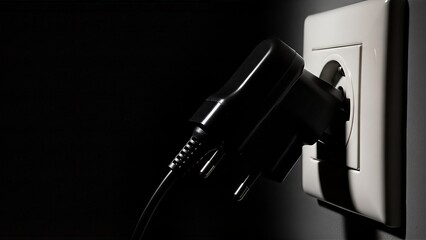 Black electrical power plug connecting to a white wall socket in the dark.
