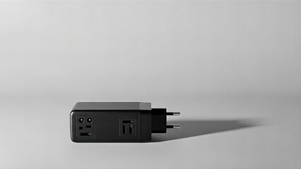 Black universal travel power adapter on a grey background.