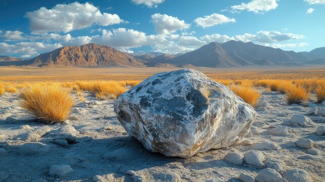Large lithium-rich rock in a dry, arid desert landscape with distant mountains, valuable natural lithium resources