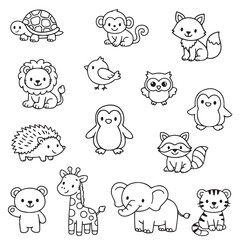 Collection of adorable cartoon animal vector illustrations featuring a variety of animals including lion, turtle, monkey, and more. Perfect for children's designs and educational materials.