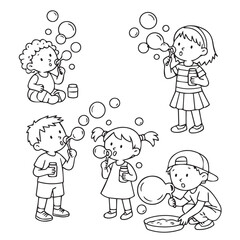 Children Blowing Bubbles Playfully - Vector Illustration