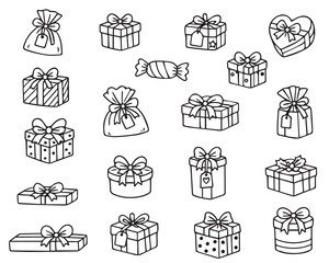  vector illustration showcases a variety of gift box designs, including different shapes and styles with bows and tags. Perfect for festive celebrations and occasions.