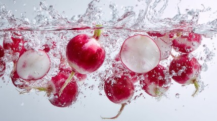 Fresh sliced radishes splashing and floating in clear water on a clean white background, capturing crisp textures, vibrant color contrast, and dynamic motion for healthy food photography and culinary 