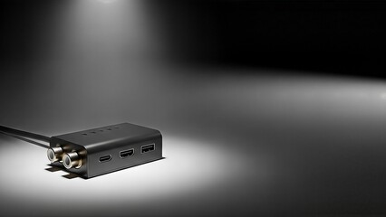 Sleek black electronic hub with multiple ports under a dramatic spotlight.
