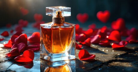 Elegant perfume bottle surrounded by red petals. Dramatic lighting creates romantic mood. Reflections enhance visual appeal.