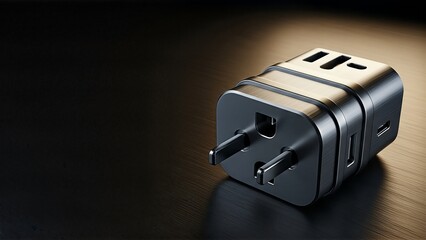 Black universal travel adapter plug on a dark textured surface.