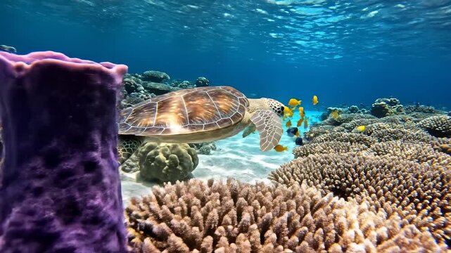 A large Loggerhead sea turtle swims slowly along a natural oceanic pathway, passing brightly colored sponges and intricate branching staghorn coral travel, large Loggerhead sea turtle, swims slowly
