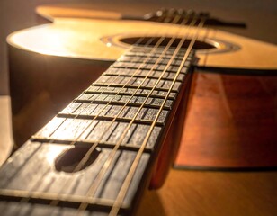 Fototapeta premium Close-up perspective of an acoustic instrument, showing strings, frets, sound hole, and wooden body illuminated by soft light
