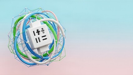 A tangled mess of colorful electrical wires and a power plug.