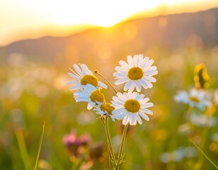 Close-up of wildflowers with white petals and yellow centers, backlit by a vibrant, golden sunset over distant hills