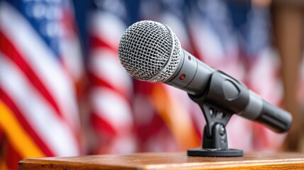 Close-Up of Microphone on Stand with American Flags in Background