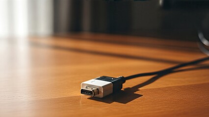 High definition multimedia interface cable on a wooden table.