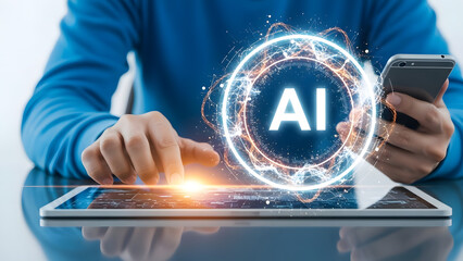 Human hand interacts with glowing AI symbol on digital tablet and smartphone, representing advanced future technology and innovative intelligence concept