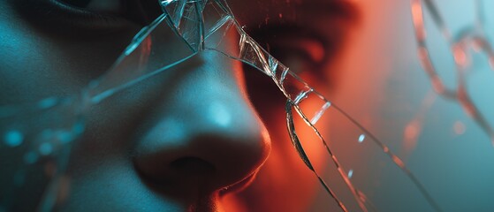 Glass forming a hole with a blurred human silhouette behind it, symbolizing violence, vulnerability, fear