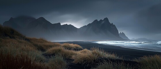 Stormycoastline with dramatic mountains and dark sky