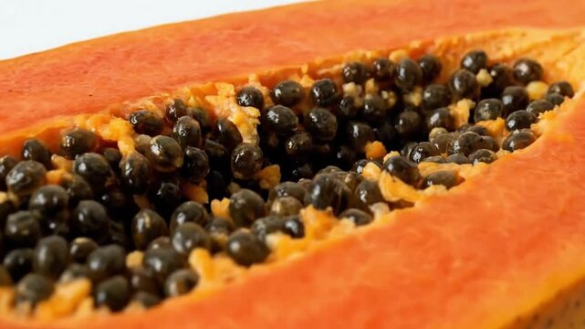 A vibrant close-up captures the succulent interior of a halved tropical fruit, showcasing its bright orange-red flesh and a cluster of glossy, dark seeds. The exquisite texture and rich colors are hig