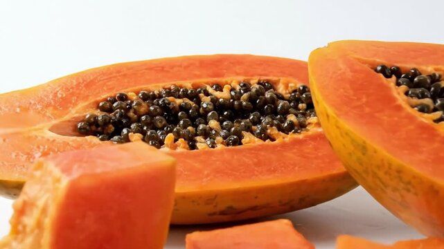 A vibrant close-up of a freshly cut tropical fruit, showcasing its juicy, bright orange flesh and numerous dark, glossy seeds. Several perfectly diced pieces of the same sweet fruit are artfully arran