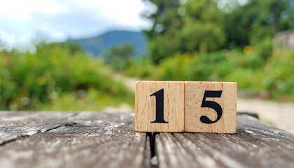 Close-up of wooden blocks displaying "15" on a weathered wooden surface, with a blurred natural background of greenery and a path