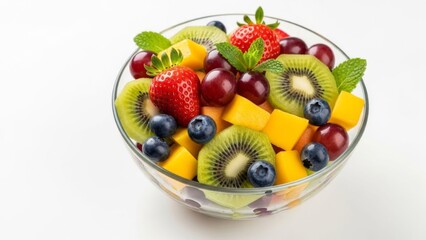 Fresh Fruit Salad Bowl: Strawberries, Kiwi, Mango, Blueberries, Grapes, Mint