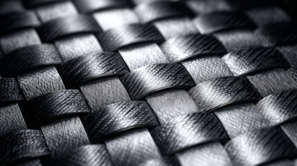 Detailed abstract macro shot of dark woven composite material, perhaps carbon fiber, forming a geometric grid pattern with reflective light on the robust textile surface.