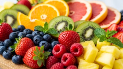 Obraz premium Vibrant Assortment of Fresh Summer Fruits Platter with Berries, Citrus, Kiwi, and Pineapple