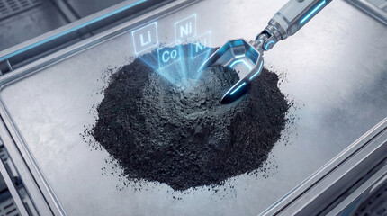 EV Battery Recycling: Black Mass Powder with Holographic Critical Mineral Chemical Symbols (Li, Co, Ni)
