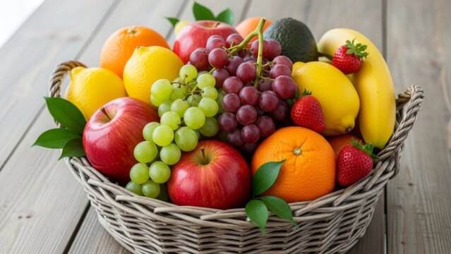 Abundant Fruit Basket with Apples, Grapes, Strawberries, Bananas, Oranges, Lemons, Avocado