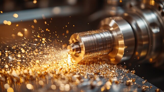 Lathe machine cutting metal with flying shavings