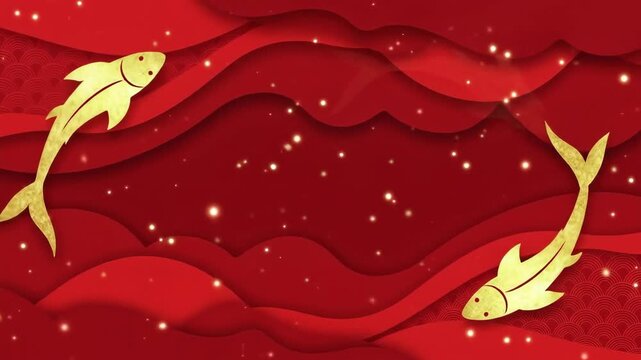 Two Golden Fish Swimming in a Red Wavy Background Loop.